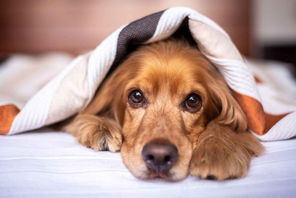 A dog laying under a blanket looking into the camera.