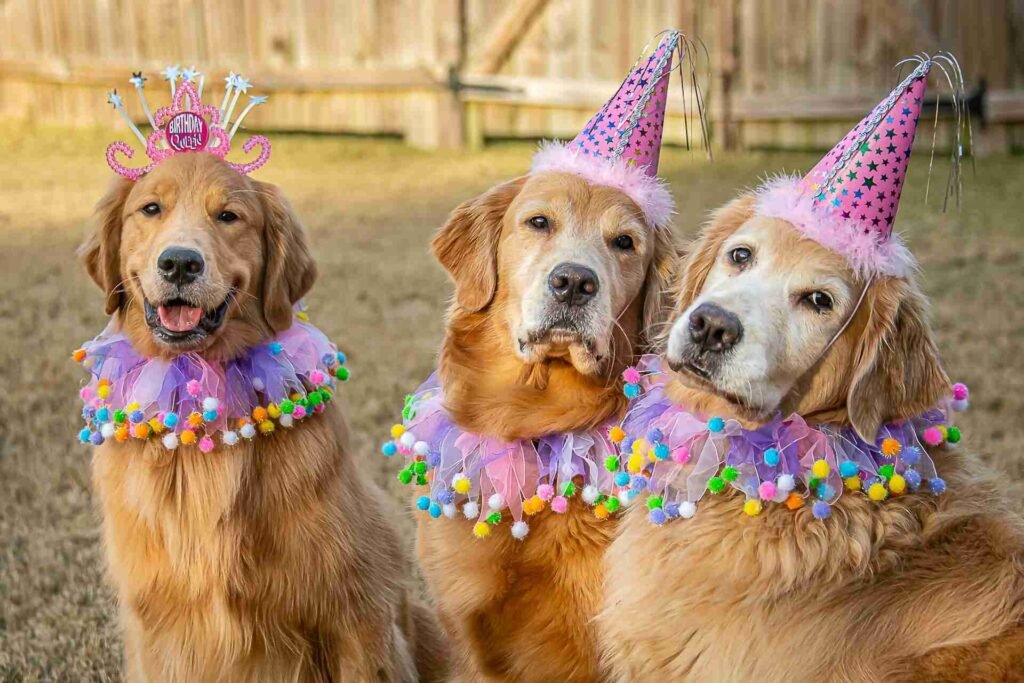 Three golden retriever dogs wearing pink party hats and costumes outdoors.