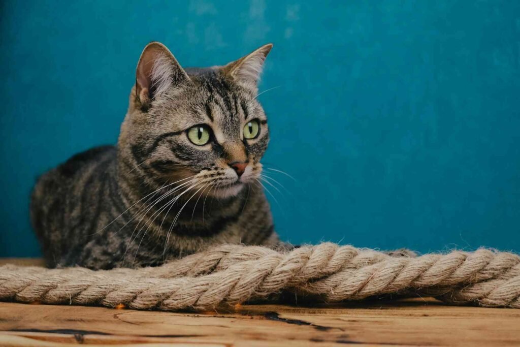 A brown tabby cat on a wooden surface behind a rope.