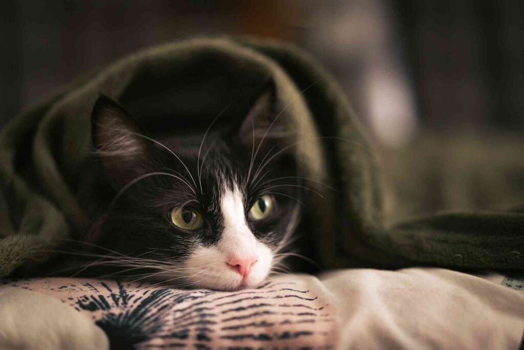 A black and white cat hiding under a dark green blanket with its head sticking out.