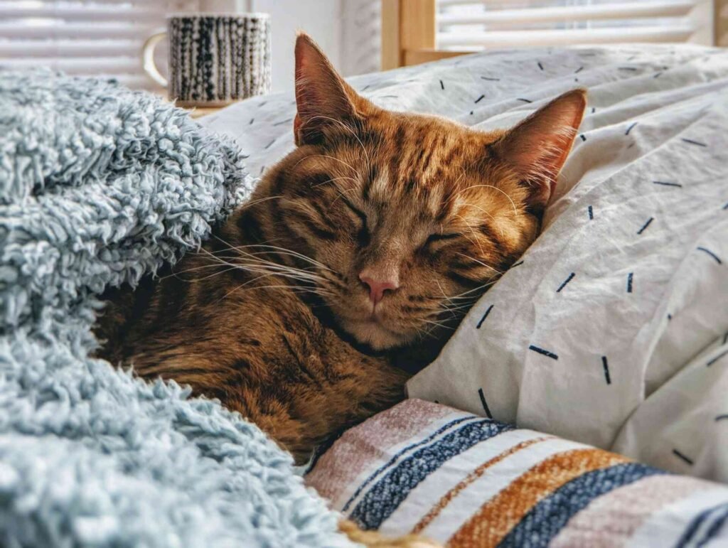 A cat sleeping in a human bed with a mug behind it.