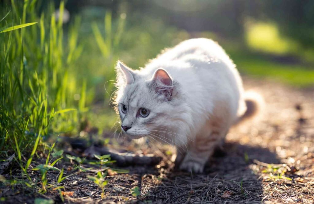 A white cat hunting next to some high grass.