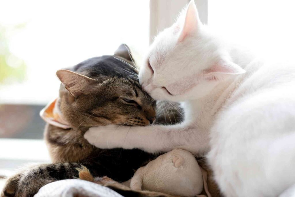 A white cat cleaning a brown cat.