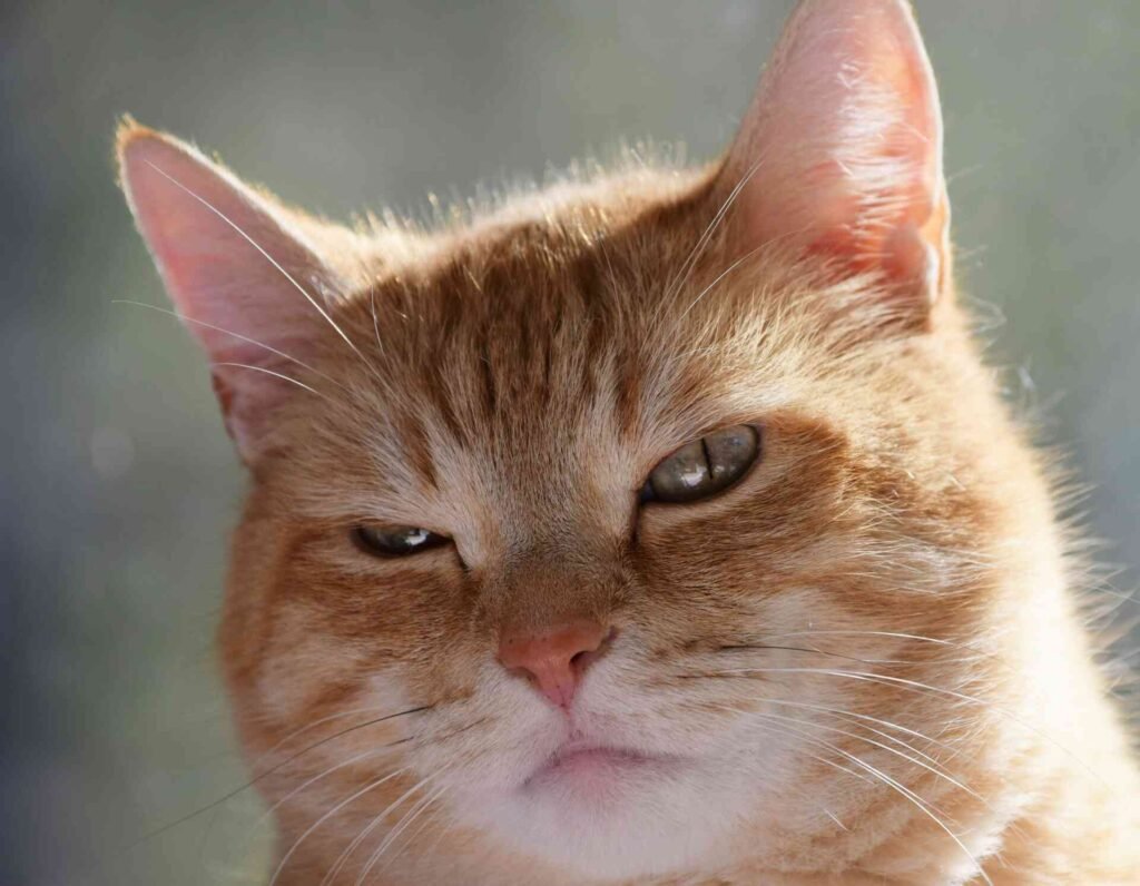 Close up of an angry looking cat with blurry background.