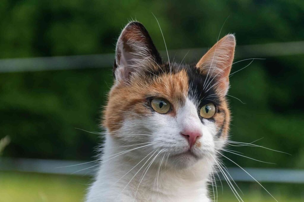 A calico cat looking forwards outdoors with a forest and grass behind.