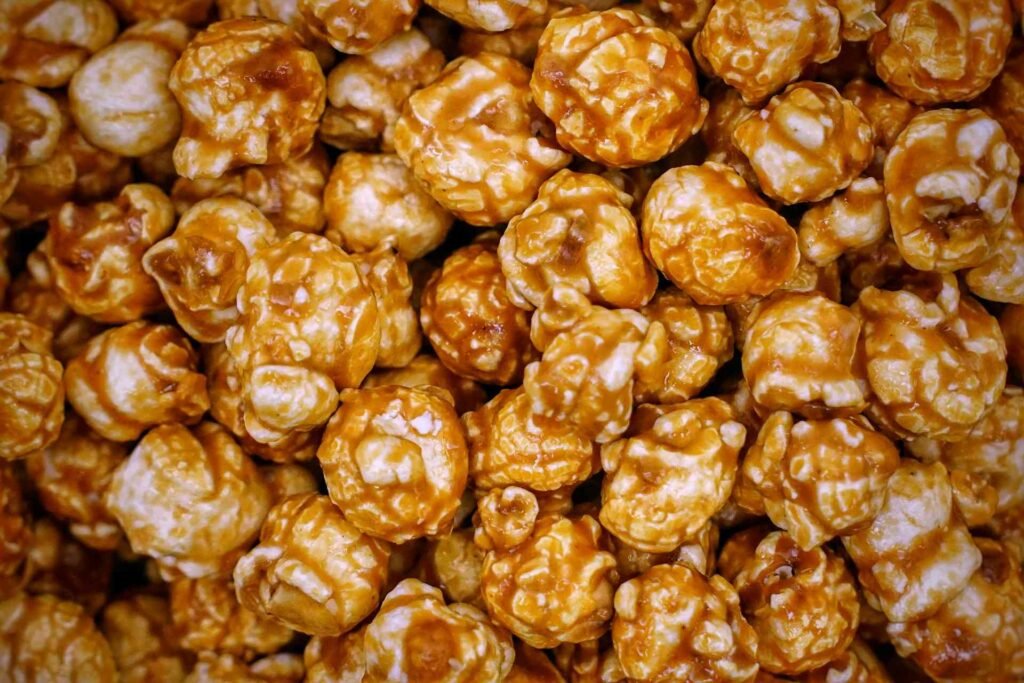 A close up of caramel popcorn.