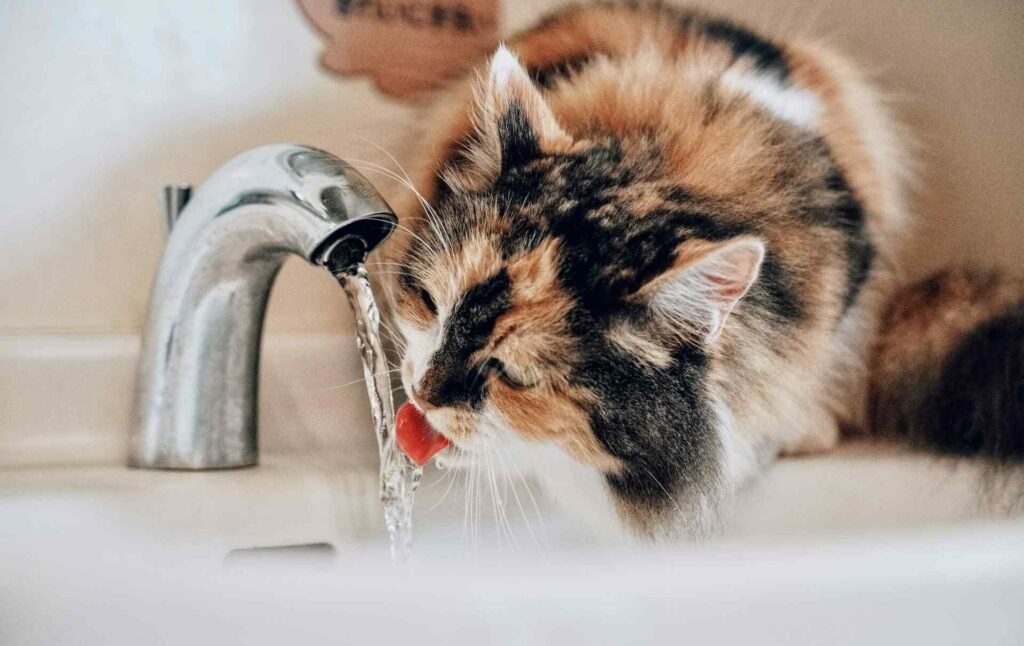 A calico cat drinking water from the faucet.
