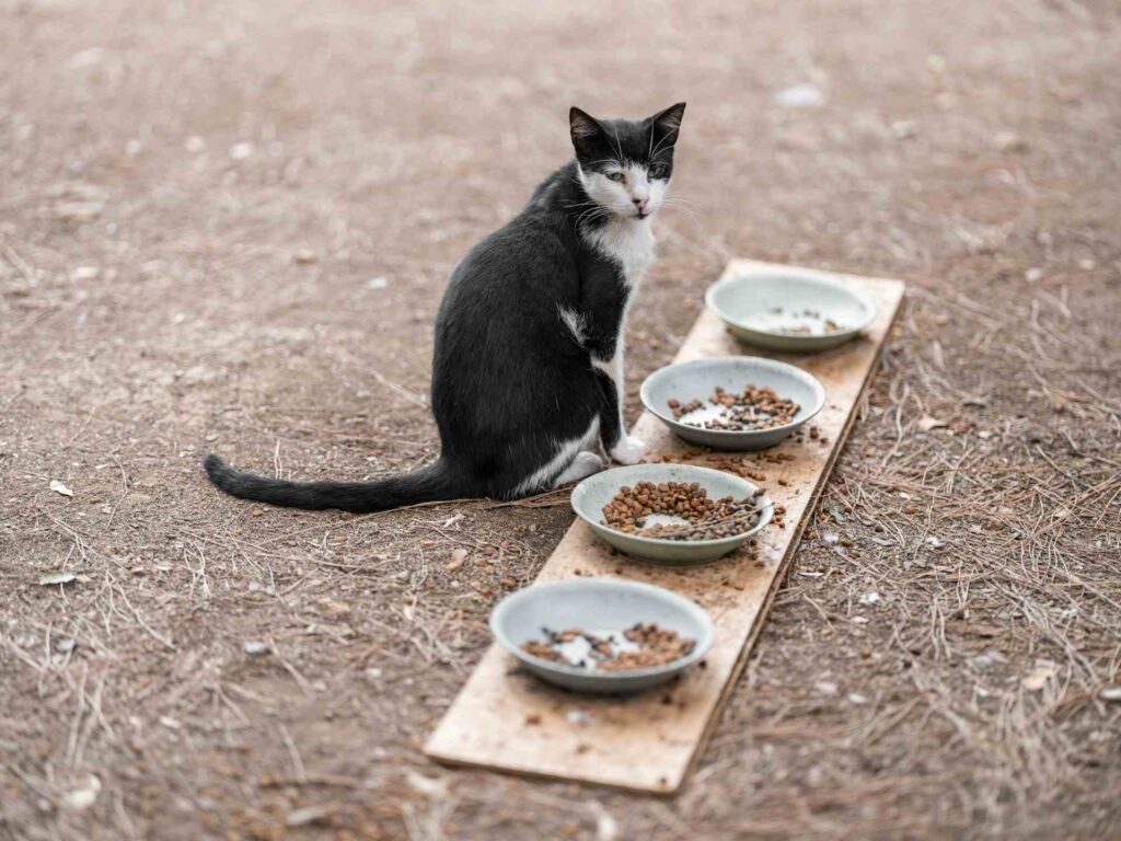 A black and white cat sitting next to four food bowls outside.