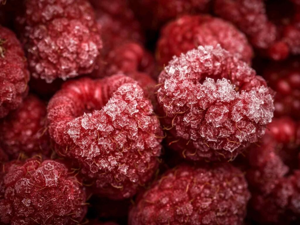 A bunch of frozen raspberries close up.