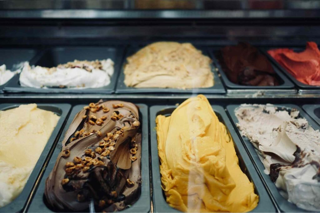 A variety of ice cream on a tray.