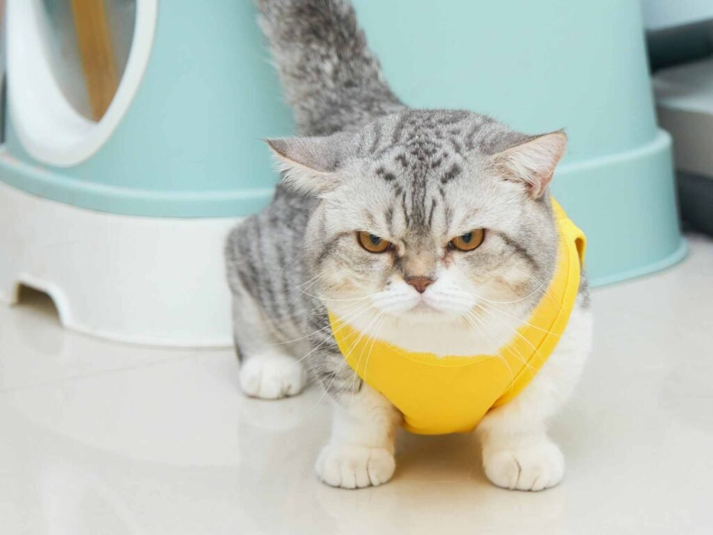 An angry grey cat with flattened ears wearing a yellow costume clearly being uncomfortable with it.