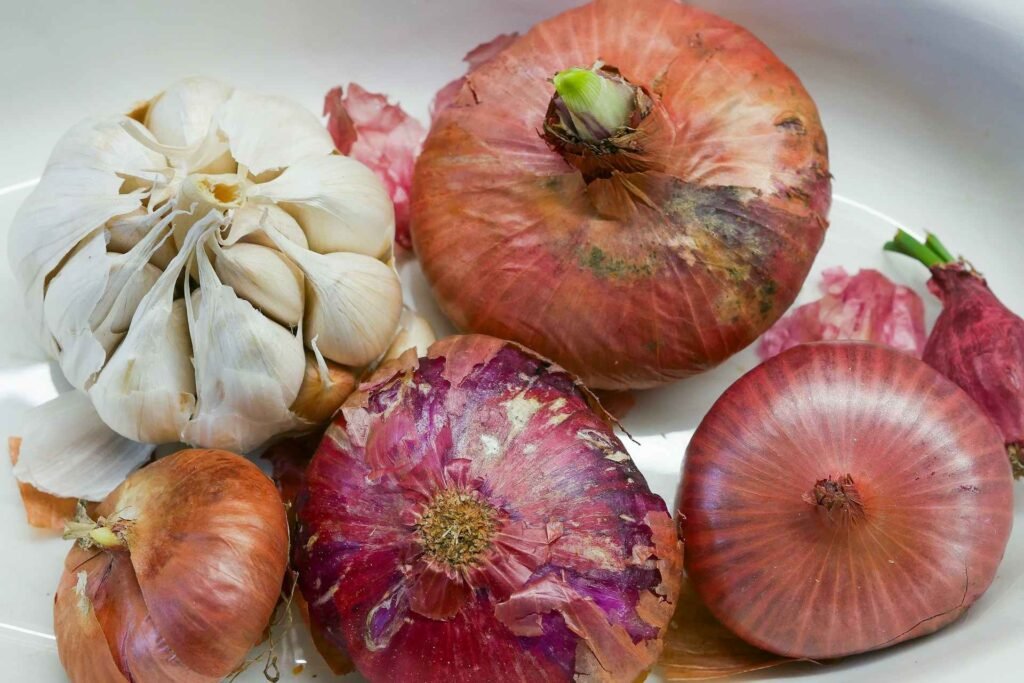 Multiple onions and garlic on a white plate.