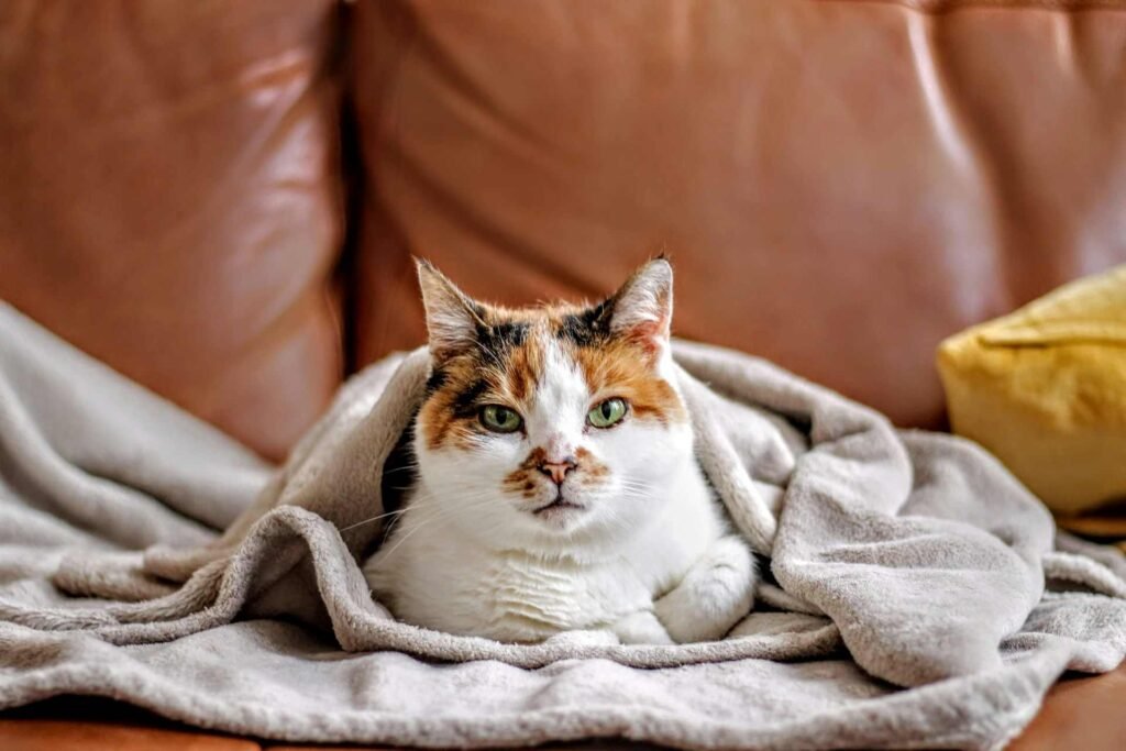 A calico cat in a blanket sitting on a leather couch.