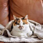 A calico cat in a blanket sitting on a leather couch.