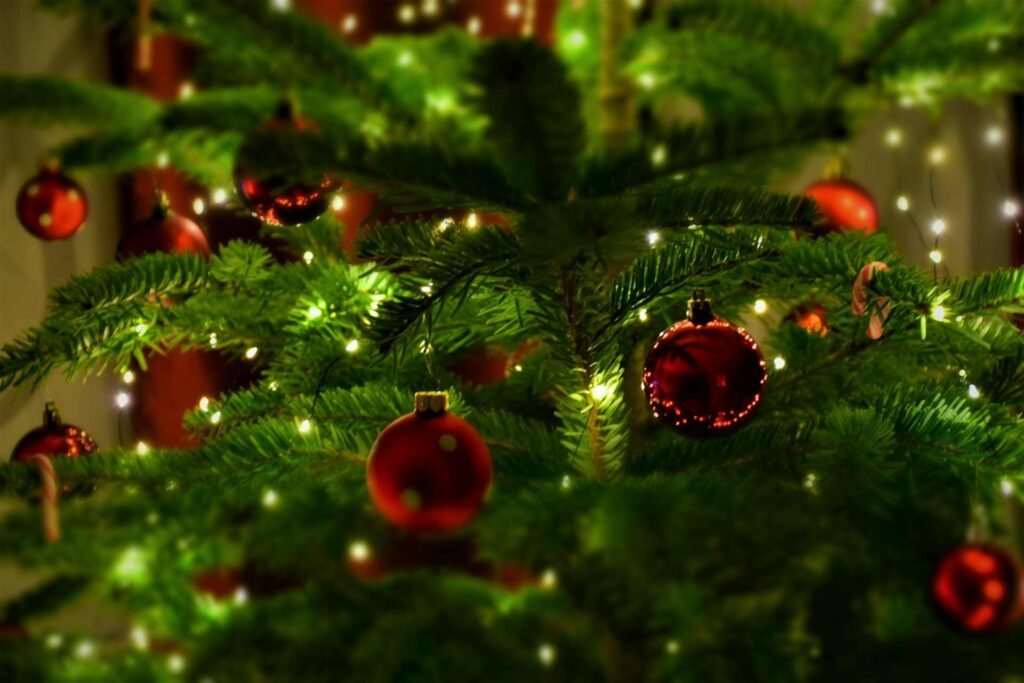 A close up of a colorful christmas tree with red baubles.