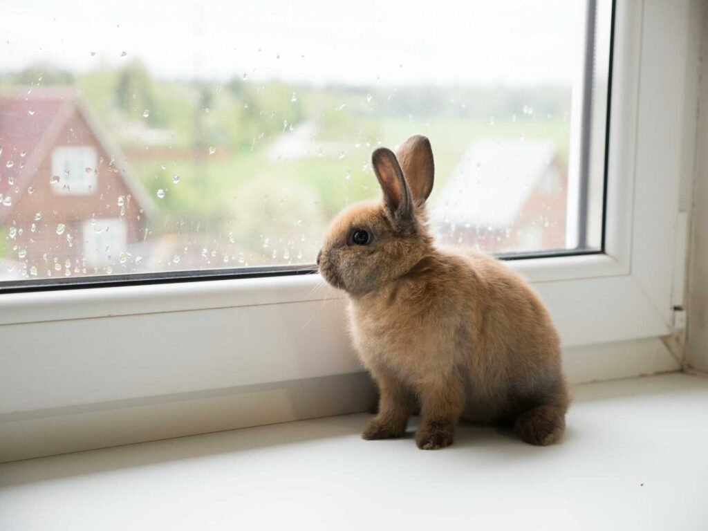 A brown rabbit sitting in front of a window looking outside.
