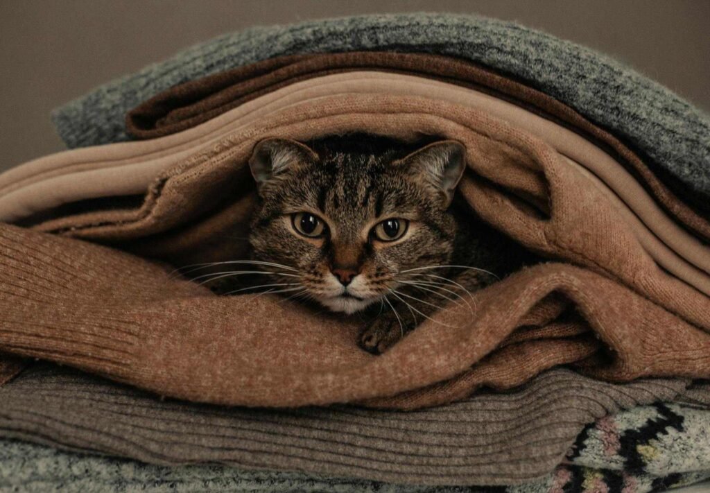 A tabby cat in between different blankets.